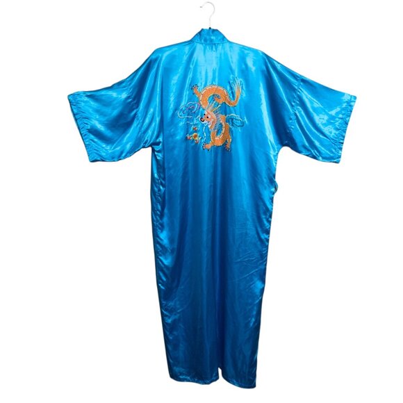 Vintage Blue Satin 5-Claw Dragon Embroidered Kimono Robe Pockets For Men Women - Picture 8 of 13